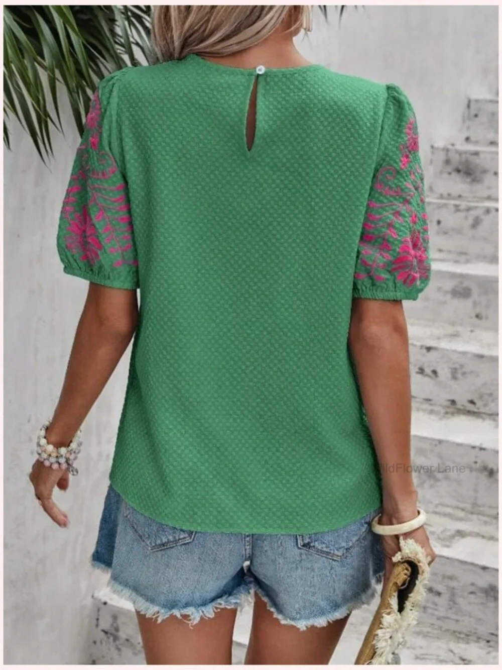 Crewneck Puff Short Sleeve Embroidered Blouse Tunic Top Loose Fit